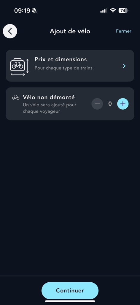 Visuel de la page d'ajout d'un vélo sur l'application SNCF Connect
